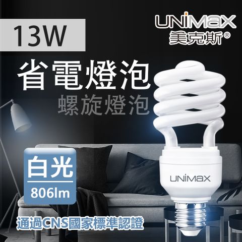 《用電量為一般燈泡1/5》【美克斯UNIMAX】13W 螺旋省電燈泡 E27 節能 省電 白光 單入
