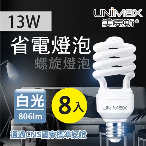 《高亮度★壽命長》【美克斯UNIMAX】13W 螺旋省電燈泡 E27 節能 省電 白光 8入組