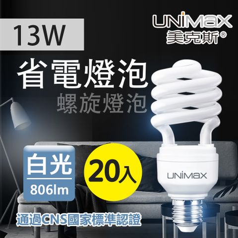 《高亮度★壽命長》【美克斯UNIMAX】13W 螺旋省電燈泡 E27 節能 省電 白光 20入組