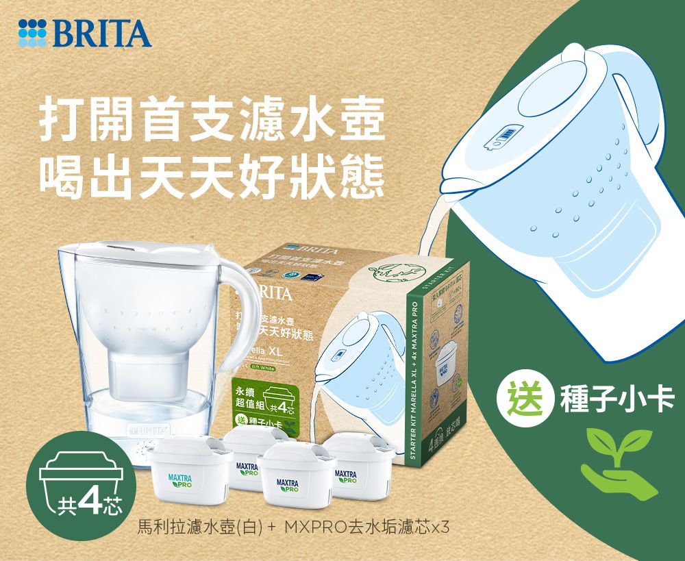 BRITA打開首水壺喝出天天好狀態BRITARITA支濾水壺天天好狀態ella XLWhite永續超值組 4芯卡MAXTRAPROMAXTRAPROMAXTRAMAXTRAPROPRO  MARELLA XL   MAXTRA PROSTARTER KIT共4芯馬利拉濾水壺(白) + MXPRO去水垢濾芯 種子小卡