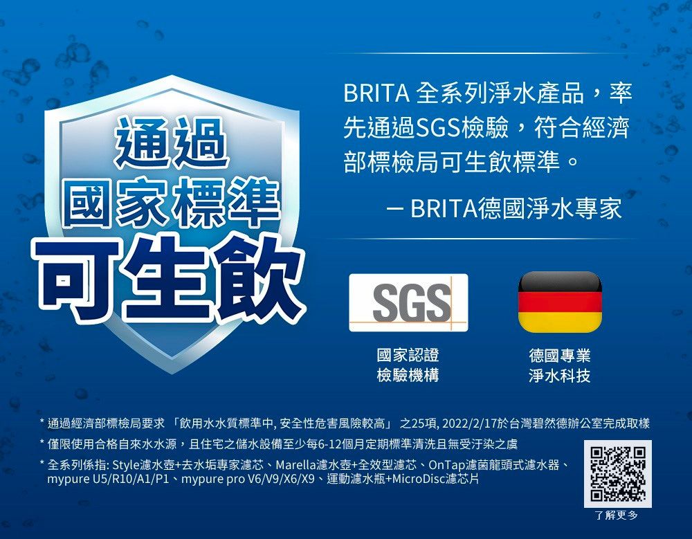 通過國家標準可生飲BRITA 全系列淨水產品,率先通過SGS檢驗,符合經濟部標檢局可生飲標準。-BRITA德國淨水專家SGS國家認證檢驗機構德國專業淨水科技*通過經濟部標檢局要求「飲用水水質標準中,安全性危害風險較高」之25項,2022/2/17於台灣碧然德辦公室完成取樣* 僅限使用合格自來水水源,且住宅之儲水設備至少每6-12個月定期標準清洗且無受汙染之虞* 全系列係指: Style水壺+去水垢專家濾芯、Marella濾水壺+全效型濾芯、OnTap濾菌龍頭式濾水器、mypure U5/R10/A1/P1、mypure pro V6/V9/X6/X9、運動濾水瓶+MicroDisc濾芯片了解更多