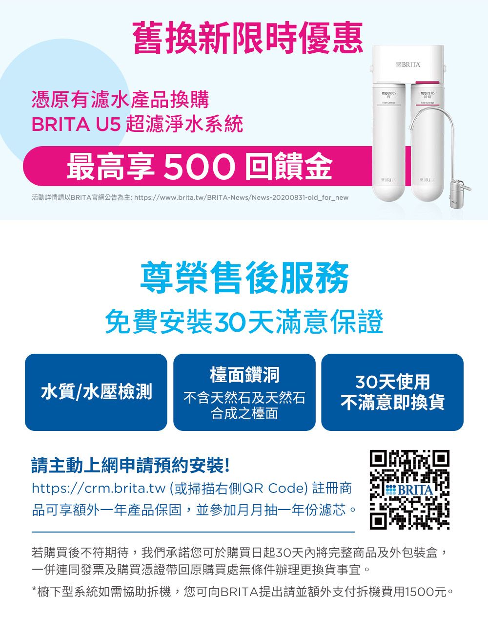 舊換新限時優惠TA憑原有濾水產品換購  BITA U5 超濾淨水系統最高享 500饋金BRIR活動詳情請以BRITA官網公告為主: https://www.brita.tw/BRITA-News/News-20200831-old_for_new尊榮售後服務免費安裝30天滿意保證檯面鑽洞水質/水壓檢測不含天然石及天然石合成之檯面30天使用不滿意即換貨請主動上網申請預約安裝!回https://crm.brita.tw (或掃描右側QR Code) 註冊商品可享額外一年產品保固,並參加月月抽一年份濾芯。BRITA若購買後不符期待,我們承諾您可於購買日起30天內將完整商品及外包裝盒,一併連同發票及購買憑證帶回原購買處無條件辦理更換貨事宜。*櫥下型系統如需協助拆機,您可向BRITA提出請並額外支付拆機費用1500元。