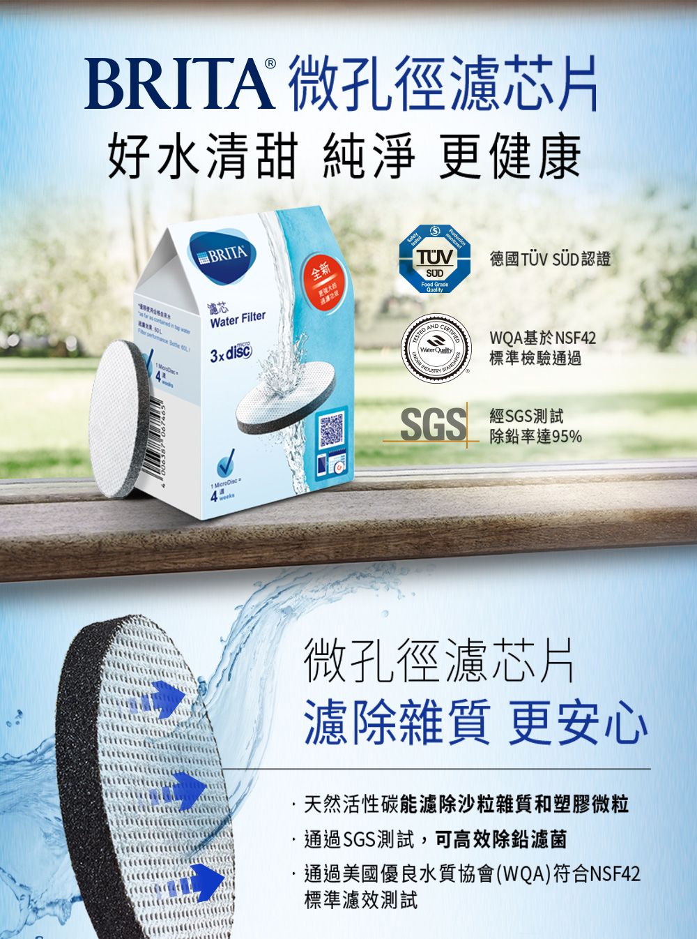 BRITA 微孔徑濾芯片好水清甜 純淨 更健康BRITA   濾芯Water Filter3xdisc全新德國 TÜV  認證SUDFood GradeQuality 4weeks ANDCERTIFIEDWater QualityWQA基於NSF42標準檢驗通過 SGS測試除鉛率達95%微孔徑濾芯片濾除雜質 更安心天然活性碳能濾除沙粒雜質和塑膠微粒通過SGS測試,可高效除鉛濾菌通過美國優良水質協會(WQA)符合NSF42標準濾效測試