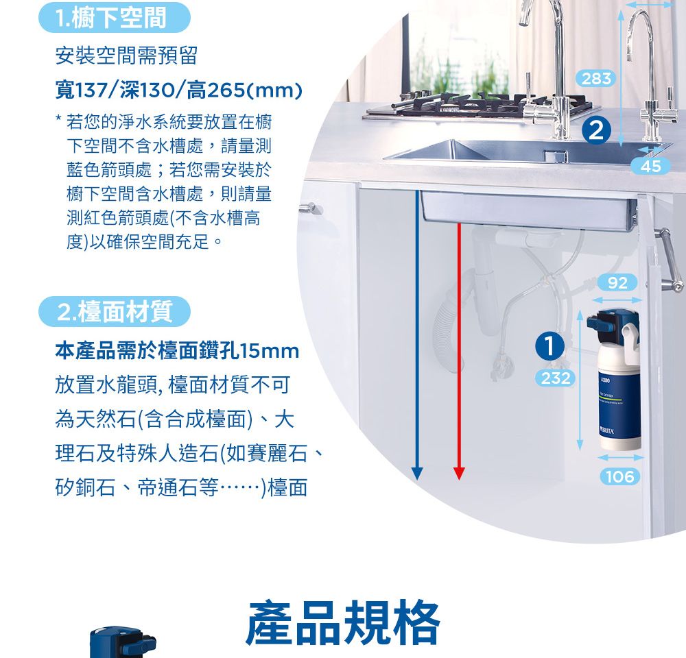 1. 櫥下空間安裝空間需預留寬137/深130/高265(mm)若您的淨水系統要放置在櫥下空間不含水槽處,請量測藍色箭頭處;若您需安裝於櫥下空間含水槽處,則請量測紅色箭頭處(不含水槽高度)以確保空間充足。2.檯面材質本產品需於檯面鑽孔15mm放置水龍頭, 檯面材質不可為天然石(含合成檯面)、大理石及特殊人造石(如賽麗石、矽銅石、帝通石等……)檯面1232283292106產品規格45