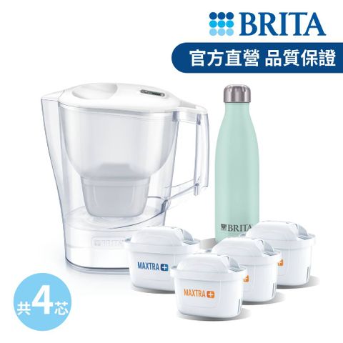 BRITA 【德國官方】愛奴娜濾水壺3.5L(白)+3入去水垢專家濾芯+保溫瓶(綠)_共4芯