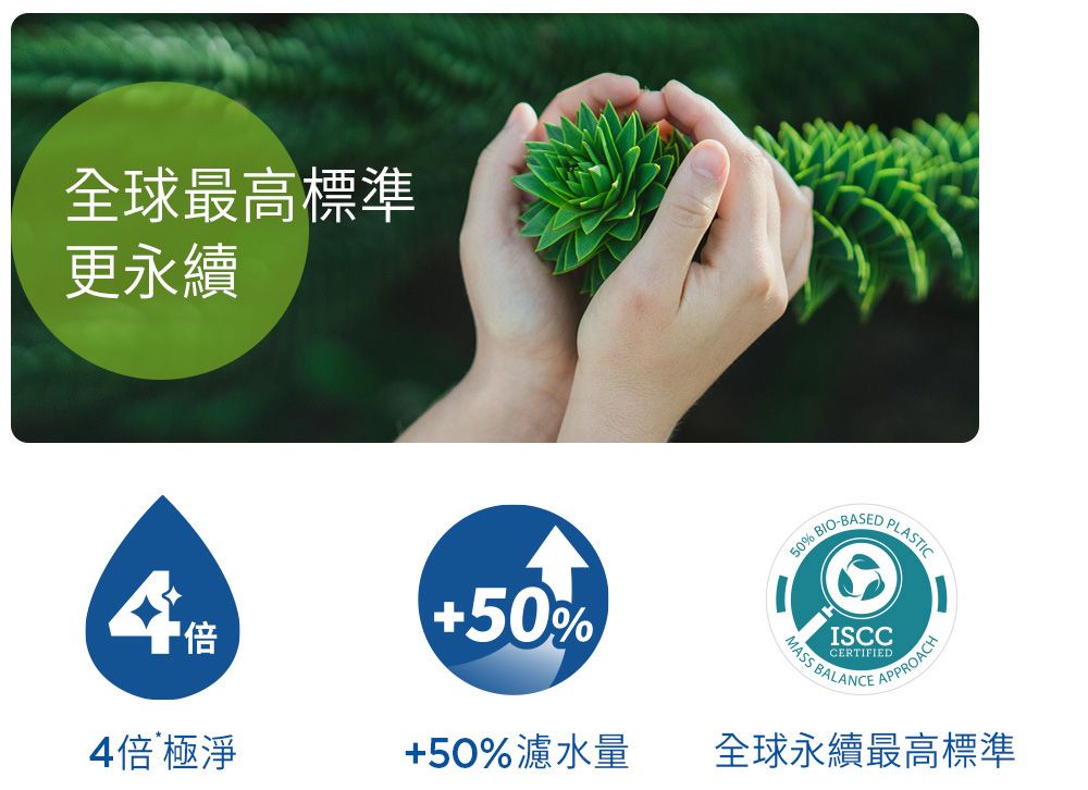 全球最高標準更永續50% BIO-BASED PLASTIC倍50%ISCCCERTIFIEDMASS  APPROACH4倍 極淨+50%濾水量全球永續最高標準