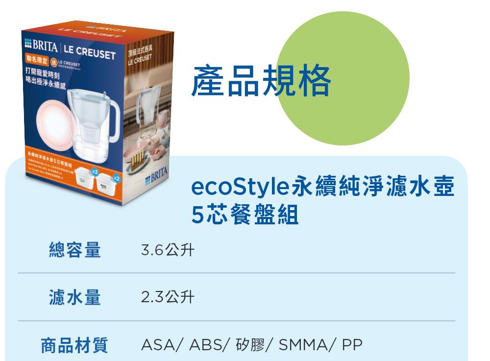 聯名限定  LE CREUSETBRITA LE CREUSETLE CREUSET頂級法式廚具打開寵愛時刻 喝出極淨續永淨淡水x2產品規格BRITA3.6公升ecoStyle永續純淨濾水壺5芯餐盤組總容量濾水量2.3公升商品材質ASA/ABS/矽膠/ SMMA/PP