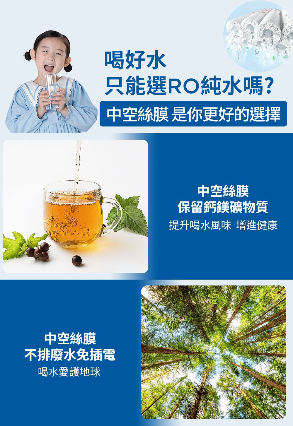喝好水只能選RO純水嗎?中空絲膜 是你更好的選擇中空絲膜不排廢水免插電喝水愛護地球中空絲膜保留鈣鎂礦物質提升喝水風味 增進健康