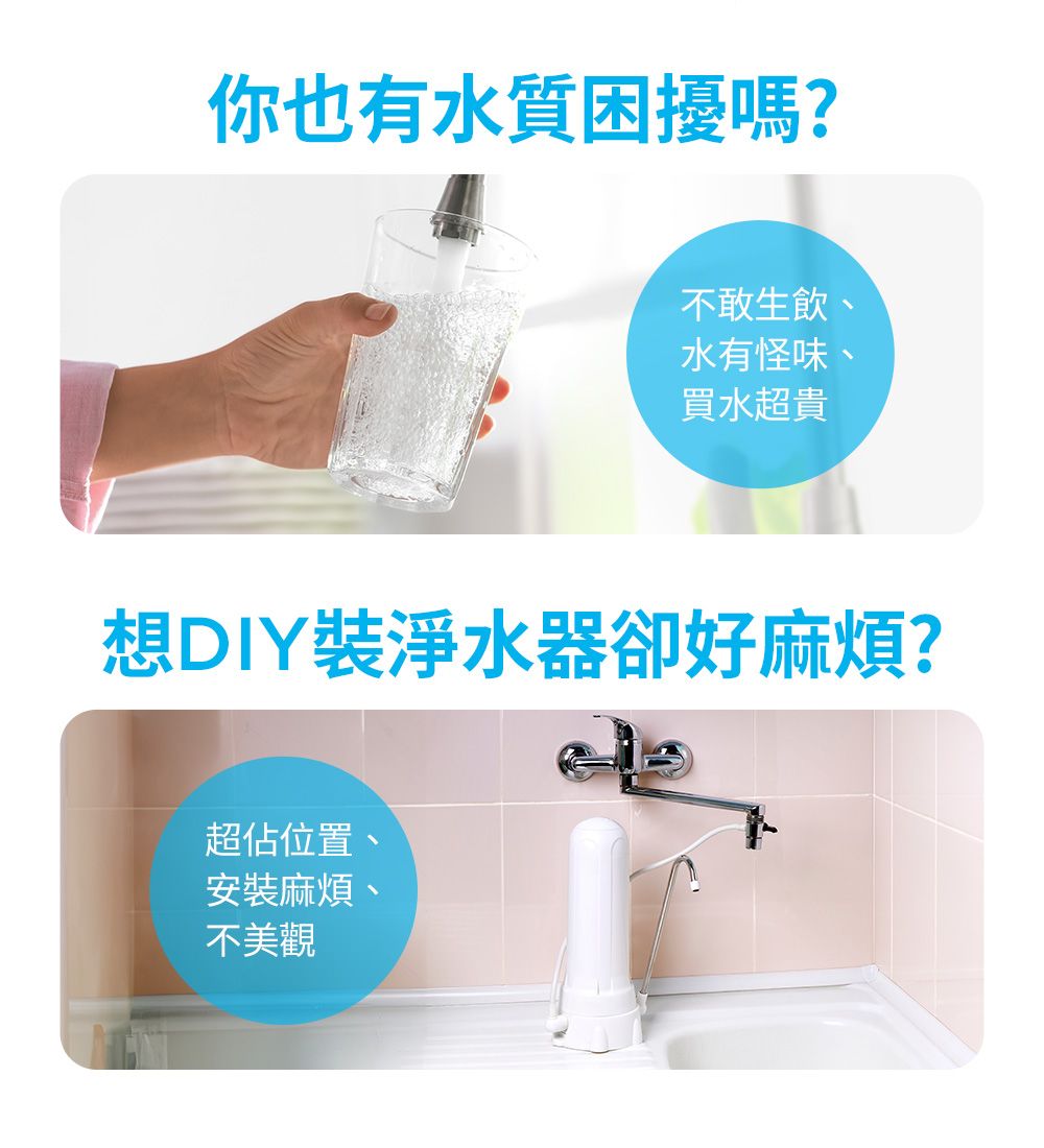 你也有水質困擾嗎?不敢生飲、水有怪味、買水超貴想DIY裝淨水器卻好麻煩?超佔位置、安裝麻煩、不美觀