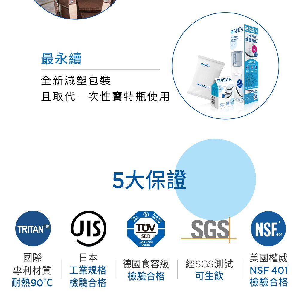 最永續全新減塑包裝且取代一次性寶特瓶使用BRITABRITABRITABRITA 日本 銷售 UI5大保證SFood GradeQualitySGS國際專利材質耐熱90工業規格檢驗合格德國食容級檢驗合格經SGS測試可生飲日本NSF美國權威NSF 401檢驗合格