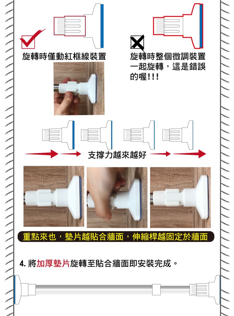 ☑旋轉時僅動紅框線裝置旋轉時整個微調裝置一起旋轉,這是錯誤的喔!!!支撐力越來越好重點來也,墊片越貼合牆面,伸縮桿越固定於牆面4. 將加厚墊片旋轉至貼合牆面即安裝完成。