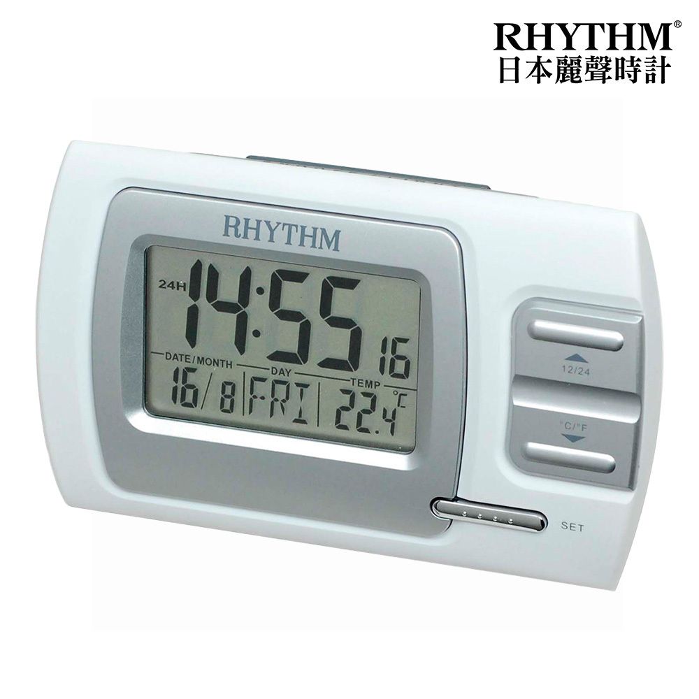 RHYTHM 麗聲 日本鐘-現代設計防貪睡LED夜光日期溫度顯示電子鐘