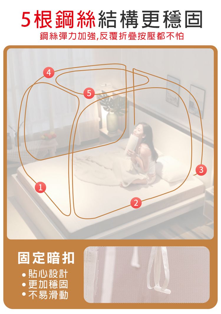 5根鋼絲結構更穩固鋼絲彈力加強,反覆折疊按壓都不怕4固定暗扣貼心設計更加穩固不易滑動