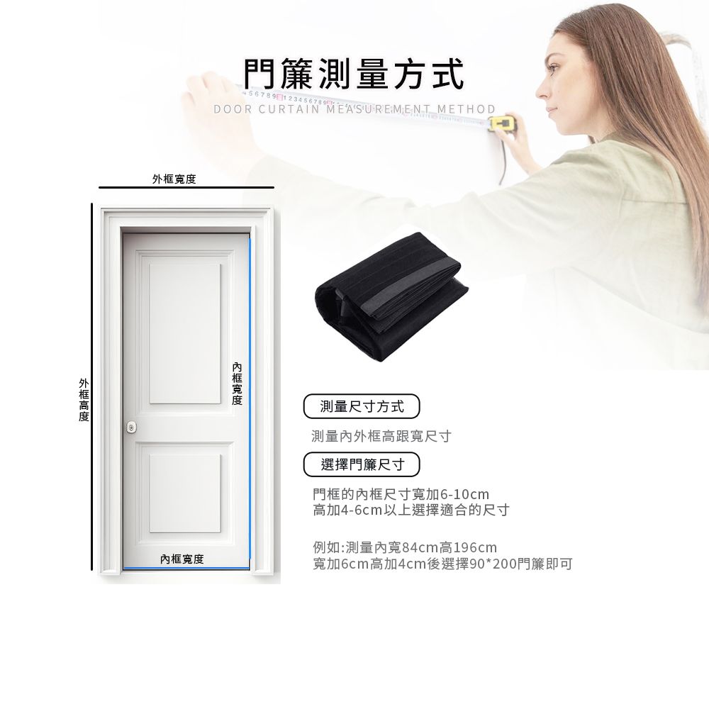 門簾方式DOOR CURTAIN MEASUREMENT METHOD外框框度測量尺寸方式測量內外框高跟寬尺寸選擇門簾尺寸門框的內框尺寸寬加6-10cm高加4-6cm以上選擇適合的尺寸例如:測量內寬84cm高196cm寬加6cm高加4cm後選擇90*200門簾即可