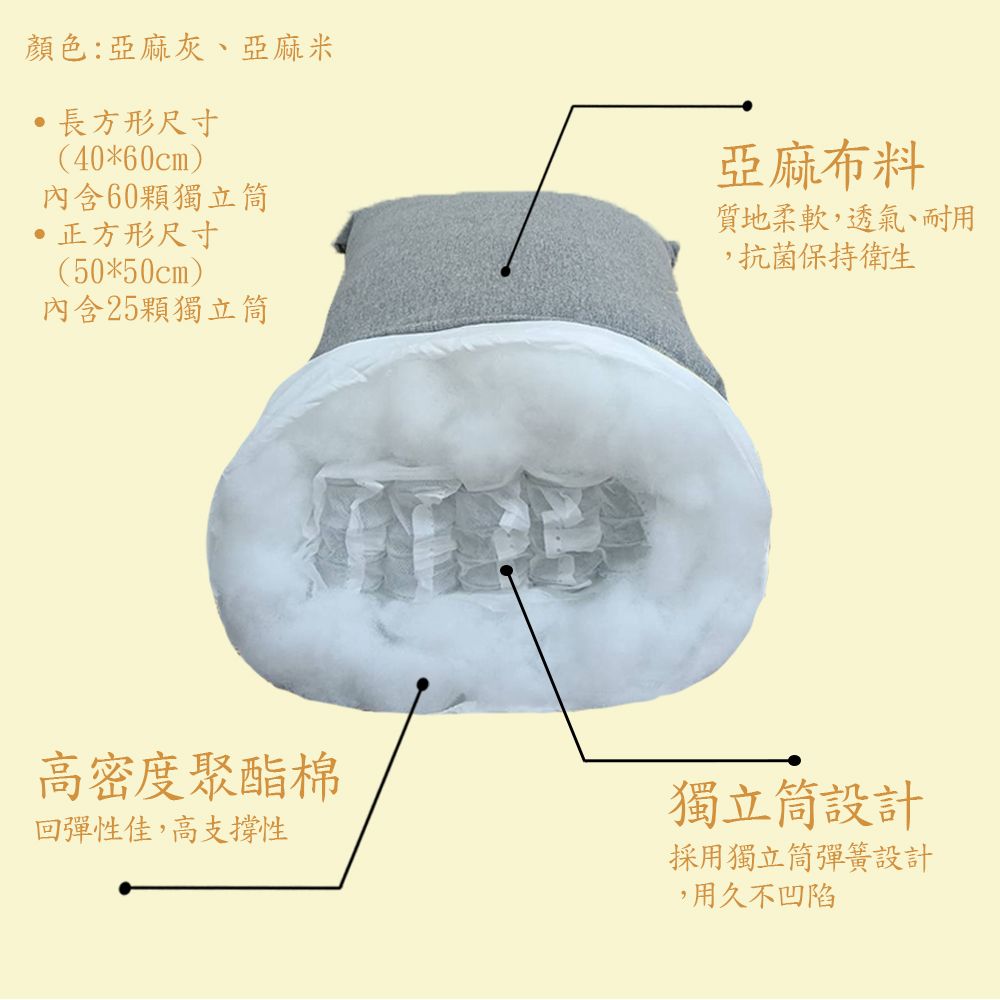 HomeMax 家居工場 亞麻獨立筒正方型抱枕  回彈性佳/用久不凹陷/高支撐性●台灣製造●