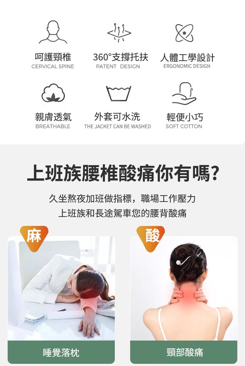 呵護頸椎CERVICAL SPINE360°支撐托扶 人體工學設計PATENT DESIGNERGONOMIC DESIGN親膚透氣外套可水洗輕便小巧BREATHABLETHE JACKET CAN BE WASHEDSOFT COTTON上班族腰椎酸痛你有嗎?久坐熬夜加班做指標,職場工作壓力上班族和長途駕車您的腰背酸痛麻酸睡覺落枕頸部酸痛
