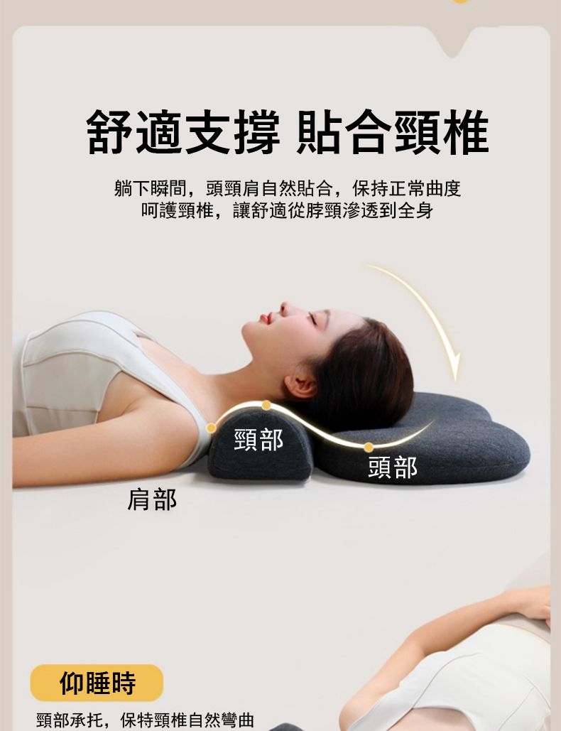 舒適支撐 貼合頸椎躺下瞬間,頭頸肩自然貼合,保持正常曲度呵護頸椎,讓舒適從脖頸滲透到全身頸部頭部肩部仰睡時頸部承托,保特頸椎自然彎曲