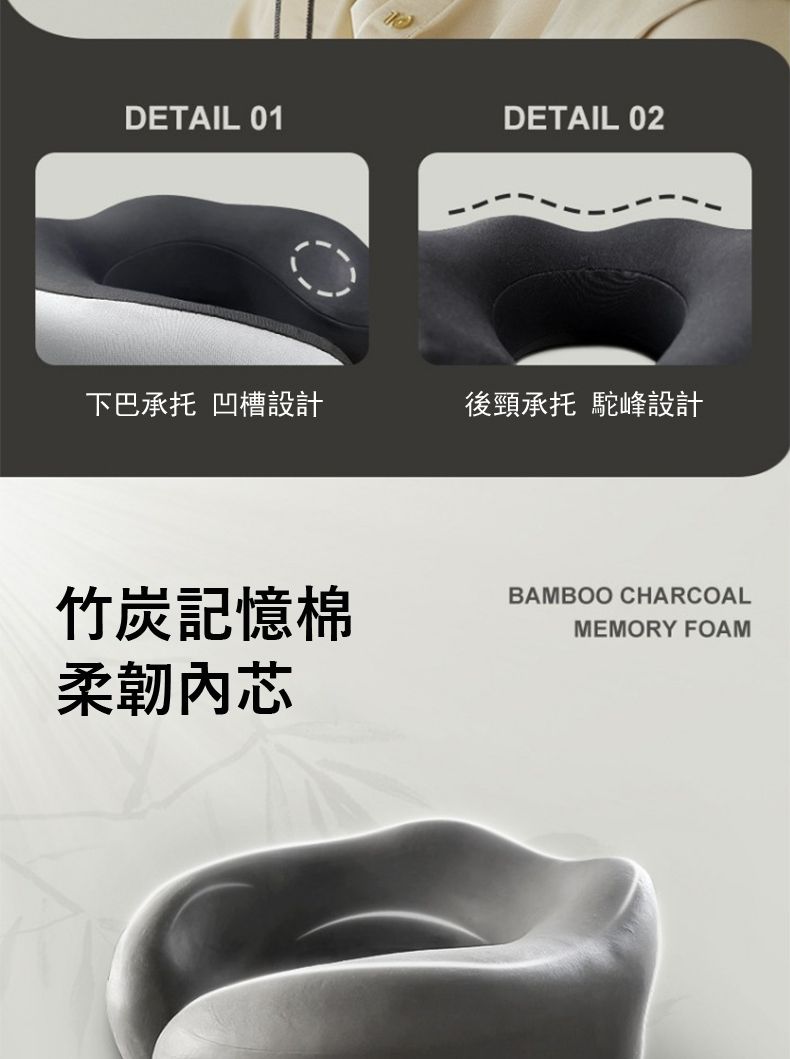 DETAIL 01DETAIL 02下巴承托 凹槽設計後頸承托 駝峰設計竹炭記憶柔韌芯BAMBOO CHARCOALMEMORY FOAM