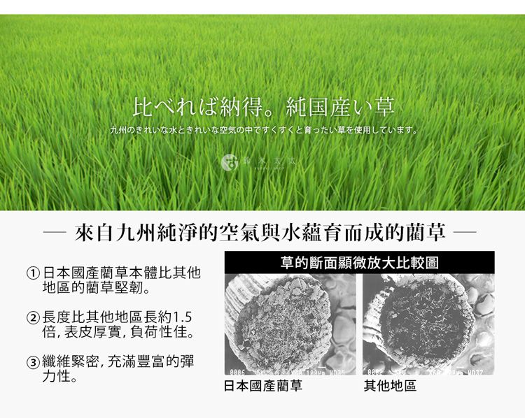 比べれば納得。純国産い草九州のきれいな水ときれいな空気の中ですくすくと育ったい草を使用しています。來自九州純淨的空氣與水蘊育而成的藺草日本國產藺草本體比其他地區的藺草堅韌。②長度比其他地區長約1.5倍,表皮厚實,負荷性佳。③纖維緊密,充滿豐富的彈力性。草的斷面顯微放大比較圖日本國產藺草其他地區