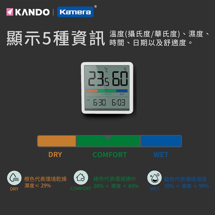 Kamera 佳美能 Kando日式大螢幕 電子式溫溼度計 磁吸 立桌 時間 日期 新潮計時電子鐘 KA5253