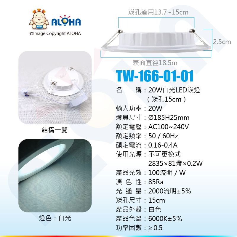 ALOHA Copyright ALOHA結構一覽崁孔適用13.7~15cm表面直徑18.5mTW-166-01-01名稱20W白光LED崁燈(崁孔15cm)輸入功率:20W燈具尺寸:Ø185H25mm額定電壓:AC100~240V額定頻率:50 / 60Hz額定電流:0.16-0.4A使用光源:不可更換式283581燈0.2W產品光效:100流明/W演色性:85Ra光通量:2000流明±5%崁孔尺寸:15cm產品外殼:白色燈色:白光產品色溫:6000K±5%功率因數:≥0.52.5cm