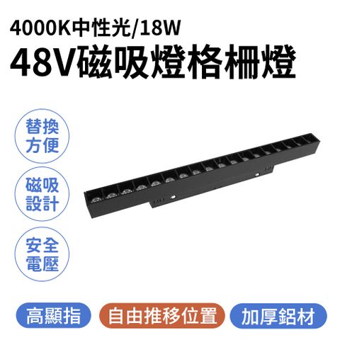 48V磁吸燈格柵燈(4000K中性光/18W) 格柵軌道燈 照明燈 美術燈 軌道燈 燈具 家用軌道燈 摺疊格柵燈 165-ML18W4K