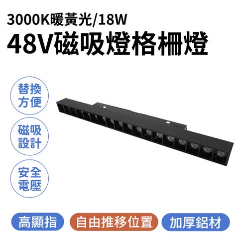 48V磁吸燈格柵燈(3000K暖黃光/18W) 磁吸軌道燈 摺疊格柵燈 燈具 格柵軌道燈 柔性燈 軌道燈 LED照明燈 165-ML18W3K