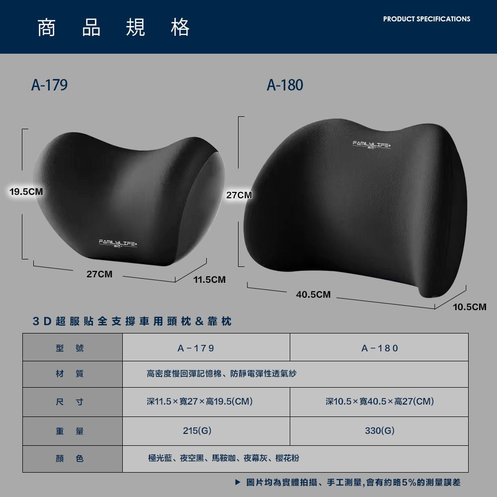 FL生活+ 【FL 生活+】3D超服貼全支撐車用頭枕+車用腰靠-雙座全配組(記憶棉/穩固支撐/可拆洗/透氣表布/A-179*2+A-180*2)