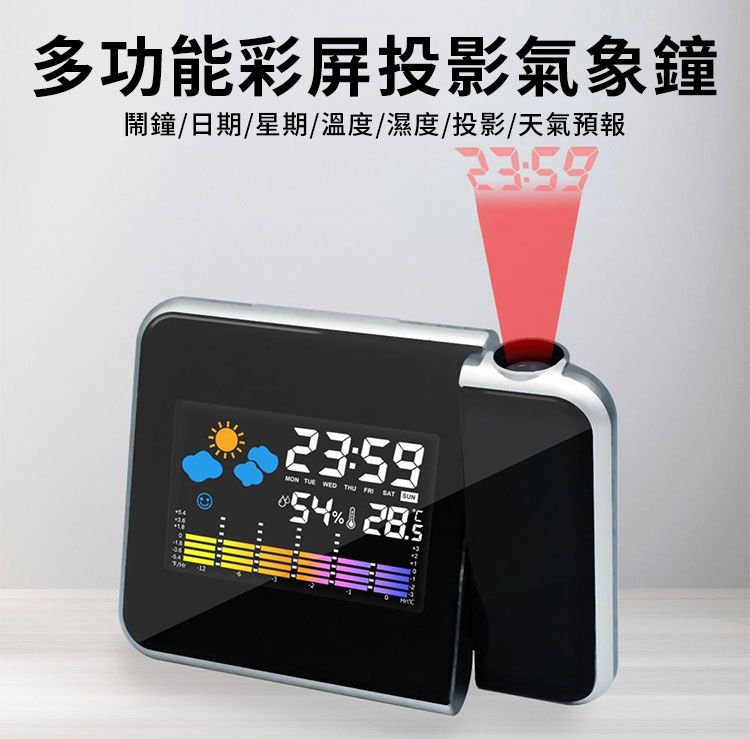 多功能彩屏投影氣象鐘鬧鐘/日期/星期/溫度/濕度/投影/天氣預報23:59 TUE WED   SAT SUN