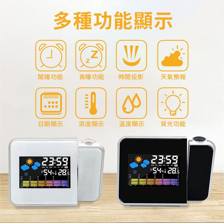 多種功能顯示Z 业鬧鐘功能貪睡功能時間投影天氣預報日期顯示濕度顯示溫度顯示背光功能23:59