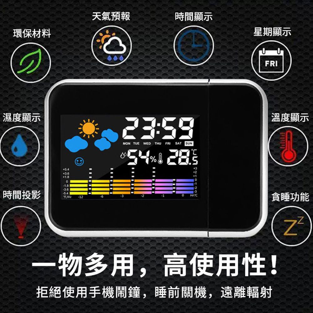 QLZHS LED投影電子鐘 萬年曆氣象鐘 多功能彩屏時鐘 桌上電子鬧鐘
