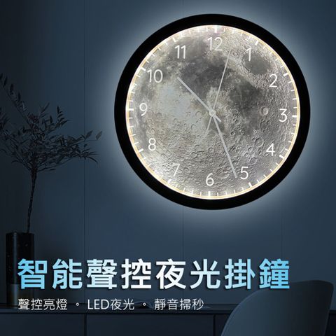 【辦公室/客廳/家用/臥室皆適用】LED月球智能聲控時鐘/靜音掛鐘(12吋)