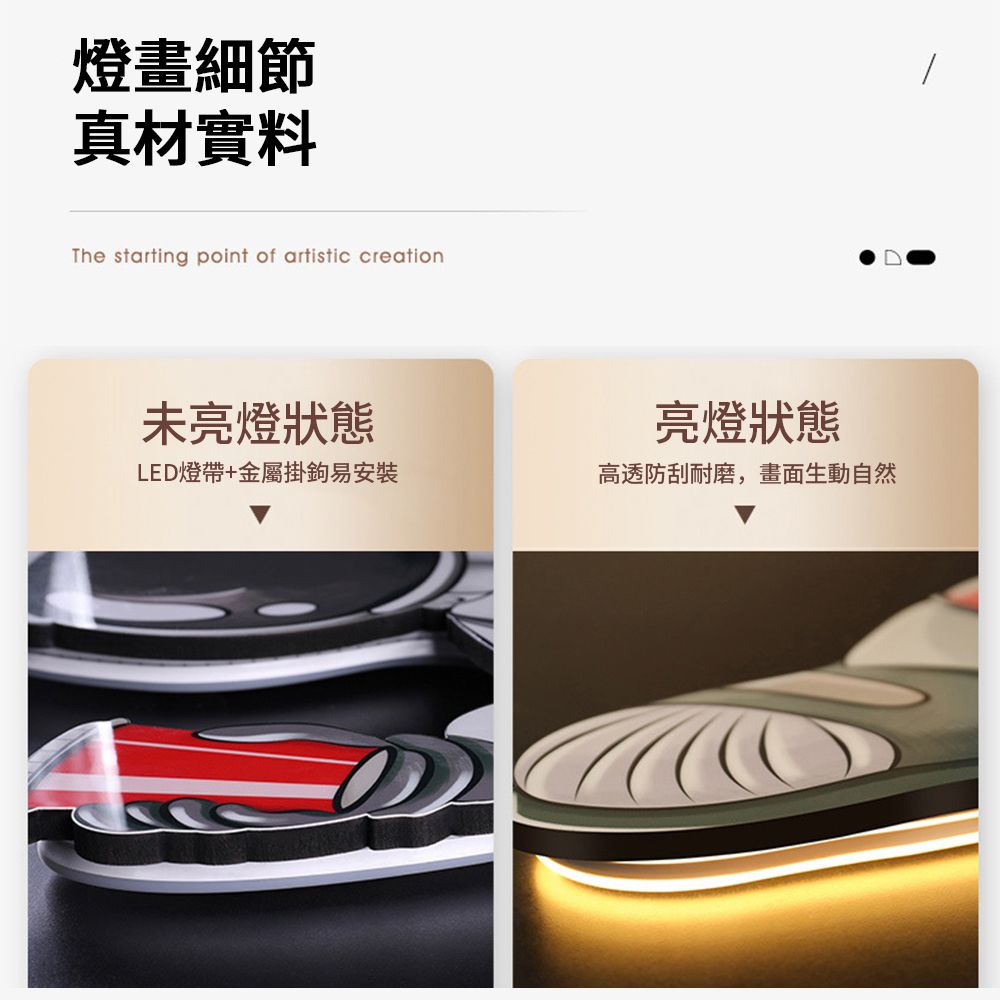 燈畫細節真材實料The starting point of artistic creation未亮燈狀態亮燈狀態LED燈帶+金屬掛鉤易安裝高透防刮耐磨,畫面生動自然