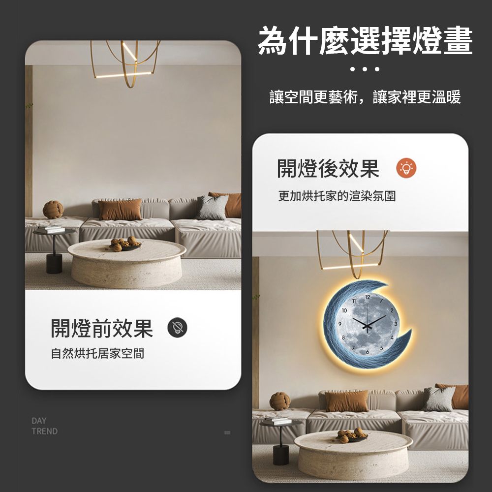  卡悅 創意月亮客廳led燈壁畫 輕奢時鐘裝飾畫 臥室掛鐘靜音