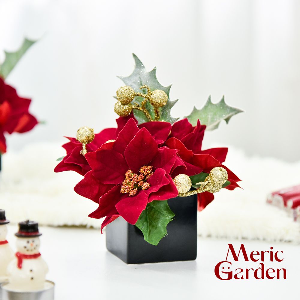 Meric Garden 高仿真台灣手工限定金雪亮聖誕紅小盆栽2入/組
