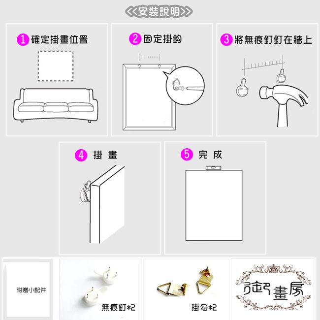 安裝說明確定掛畫位置 固定掛鈎將無痕釘在牆上 掛畫 完成附贈小配件無痕釘掛勾杞