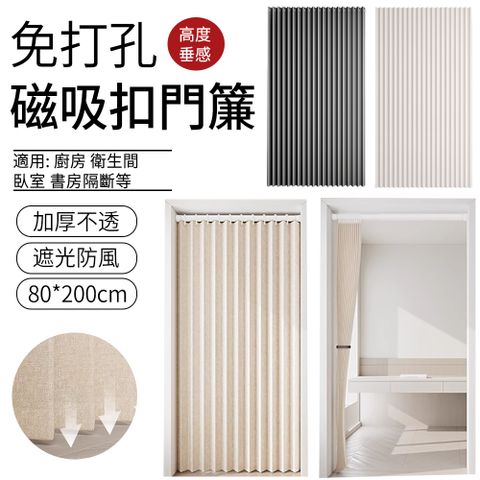 SUNLY 純色加厚仿亞麻長門簾 折疊雙側磁吸扣門簾 隔斷簾 拉簾 風水簾（80*200cm 免打孔）