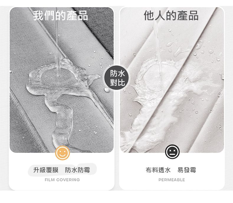我們的產品他人的產品防水對比升級覆膜 防水防霉布料透水 易發霉FILM COVERINGPERMEABLE