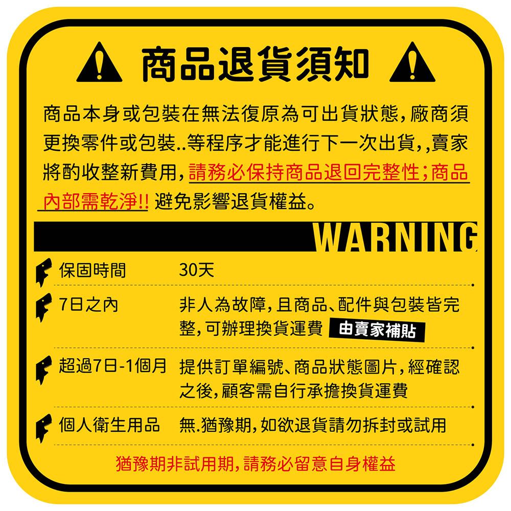 商品退貨須知 商品本身或包裝在無法復原為可出貨狀態,廠商須更換零件或包裝..等程序才能進行下一次出貨,賣家將酌收整新費用,請務必保持商品退回完整性;商品內部需乾淨!!避免影響退貨權益。WARNING保固時間30天7日之內非人為故障,且商品、配件與包裝皆完整,可辦理換貨運費由賣家補貼超過7日-1個月 提供訂單編號、商品狀態圖片,經確認之後,顧客需自行承擔換貨運費個人衛生用品 無.猶豫期,如欲退貨請勿拆封或試用猶豫期非試用期,請務必留意自身權益