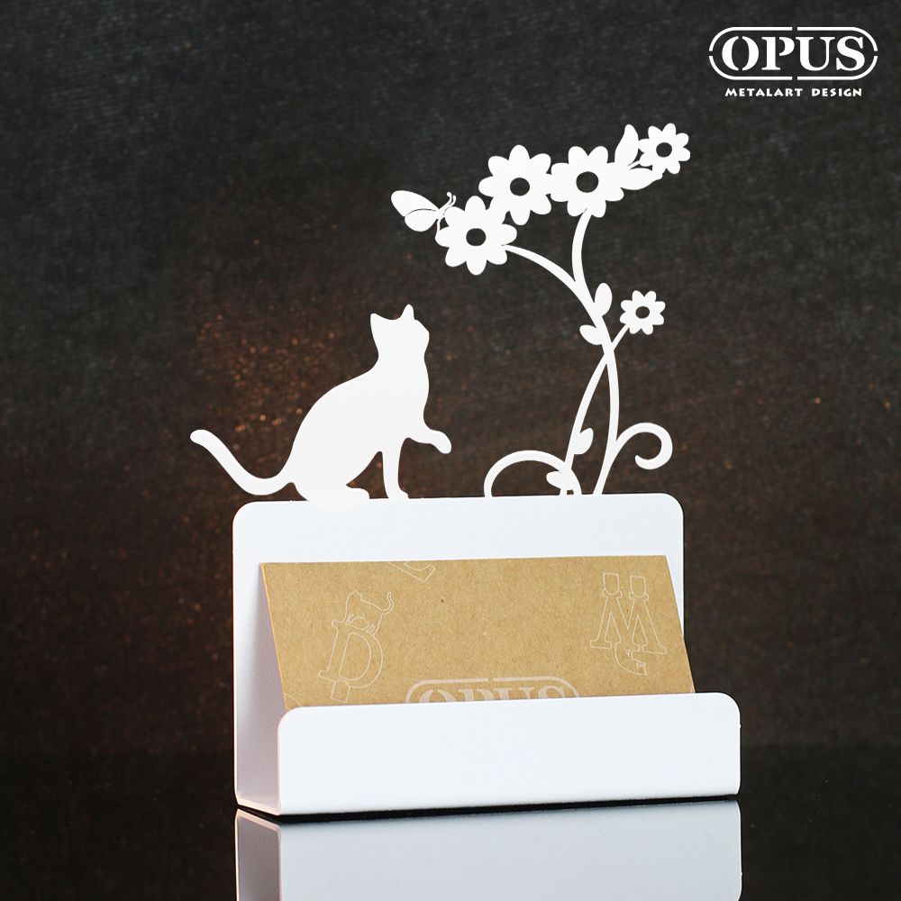 OPUS 東齊金工  歐式鐵藝名片座《貓咪》優雅白