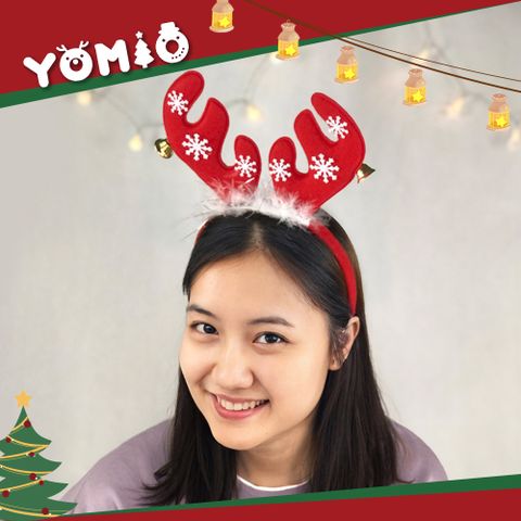短版麋鹿角聖誕造型髮箍(帶羽毛+鈴噹+雪花)(大人小孩皆可戴)(2入裝)
