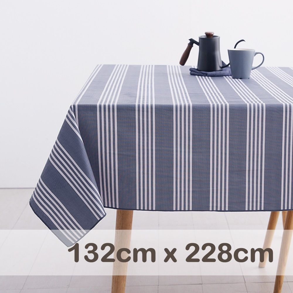 CasaBella 美麗家居 防水桌巾 紳士灰藍條 132x228cm (防水 防油 PVC 桌巾 桌布 野餐桌巾)