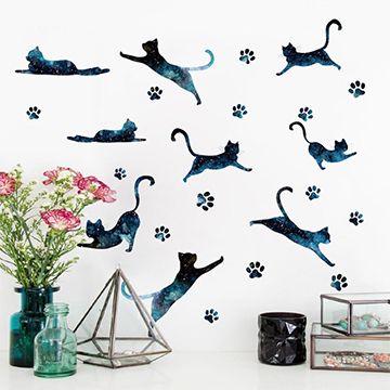 Style-life 《Stylelife》情境壁貼北歐清新手繪水彩風格居家裝飾牆貼慵懶貓咪漫天星空剪影-星空貓咪
