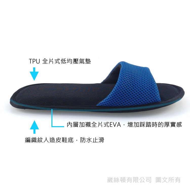 TPU 全片式低均壓氣墊內層加襯全片式EVA,增加踩踏時的厚實感編織紋人造皮鞋底,防水止滑崴絲頓有限公司 圖文所有