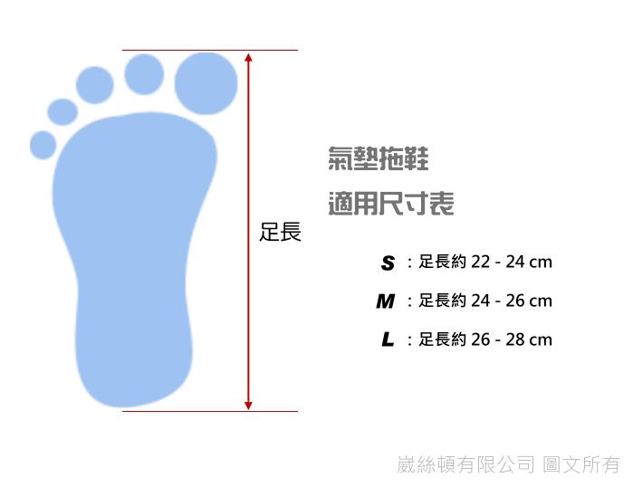 足長氣墊拖鞋適用尺寸表 足長約 22 - 24cmM: 足長約24 - 26 cmL:足長約26-28cm崴絲頓有限公司 圖文所有