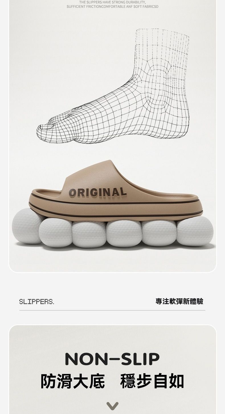 SLIPPERS.THE SLIPPERS HAVE STRONG DURABILITYSUFFICIENT FRICTIONCOMFORTABLE ANF SOFT FABRICSDORIGINAL專注軟彈新體驗NON-SLIP防滑大底 穩步自如