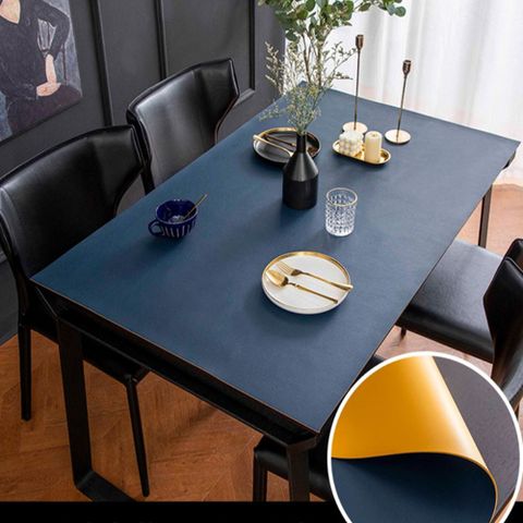 北歐簡約素色雙面皮質免洗餐桌巾茶几桌墊桌布80*140CM-藍+橘黃