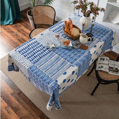 棉麻藍色拼接幾何桌巾桌布餐桌墊140*200CM