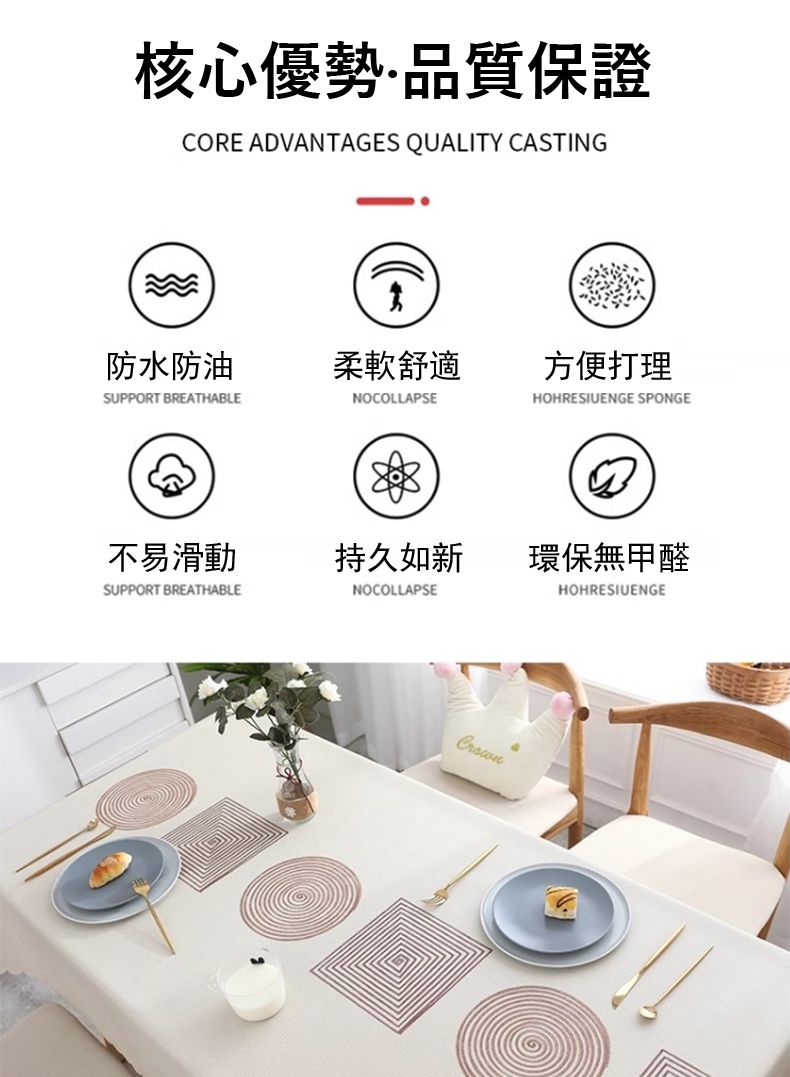 核心優勢品質保證CORE ADVANTAGES QUALITY CASTING防水防油柔軟舒適 方便打理SUPPORT REATHABLENOCOLLAPSEHOHRESIUENGE SPONGEB不易滑動持久如新環保無甲醛SUPPORT BREATHABLENOCOLLAPSEHOHRESIUENGE