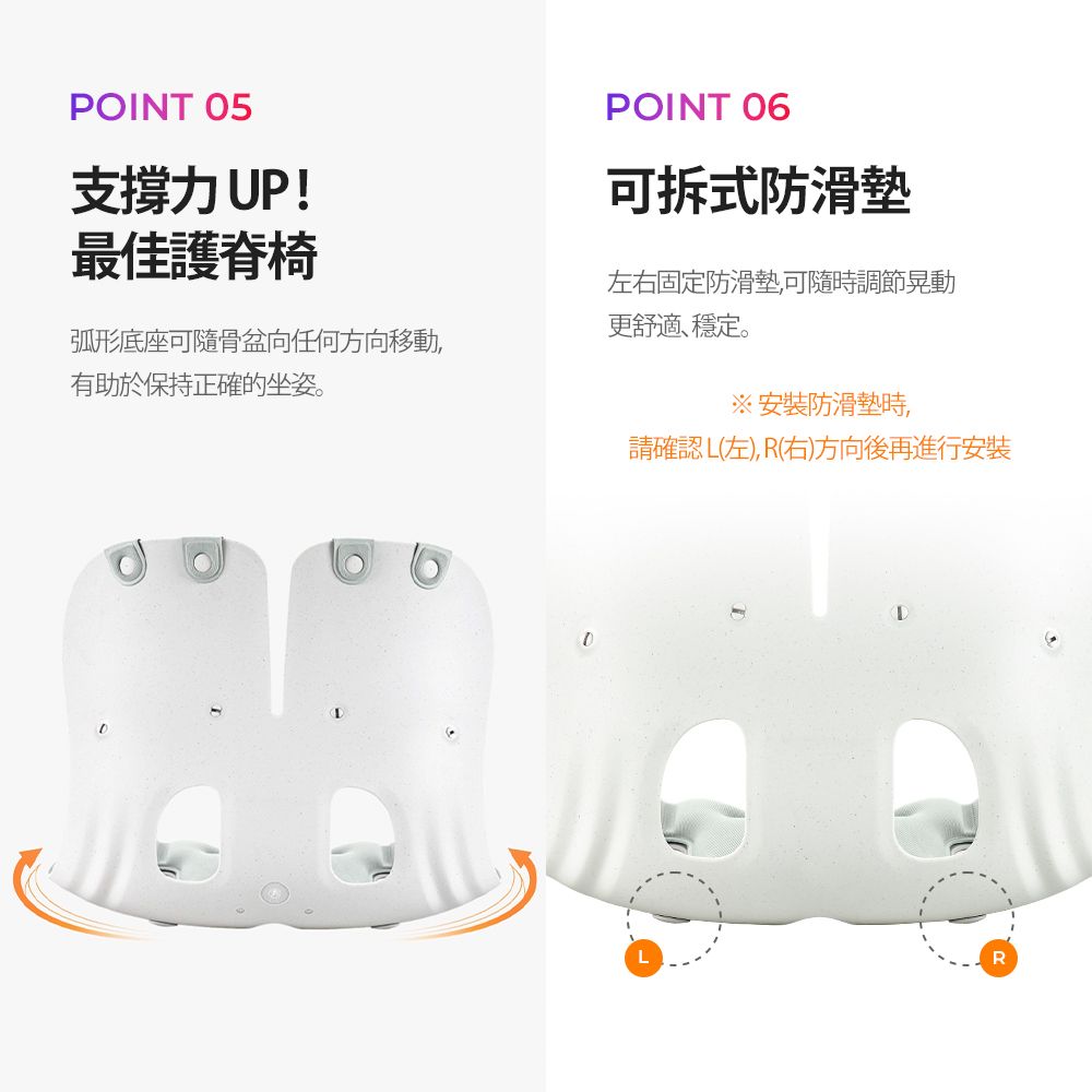 POINT 05支撑力UP!POINT 06可拆式防滑垫最佳护嵴椅左右固定防滑垫可随时调节晃动更舒适、稳定。弧形底座可随骨盆向任何方向移动,有助于保持正确的坐姿。※安装防滑垫时,请确认(左),R(右)方向后再进行安装LR